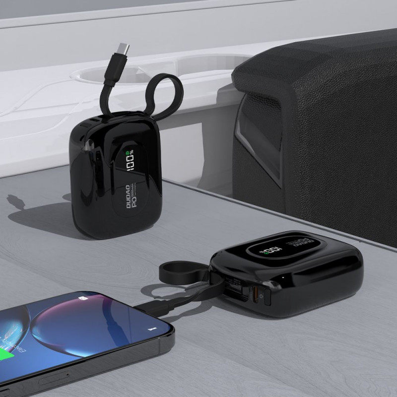 Dudao K32 nešiojamas įkroviklis (išorinis akumuliatorius) 22.5W, 10000 mAh, su įmontuotais USB-C/Lightning kabeliais, juodas