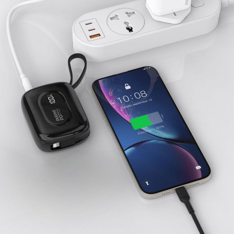 Dudao K32 nešiojamas įkroviklis (išorinis akumuliatorius) 22.5W, 10000 mAh, su įmontuotais USB-C/Lightning kabeliais, juodas