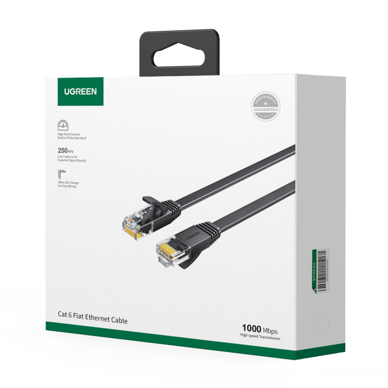 Ugreen plokščias Cat6 U/UTP komutacinis kabelis RJ45, 0,5 m, juodas