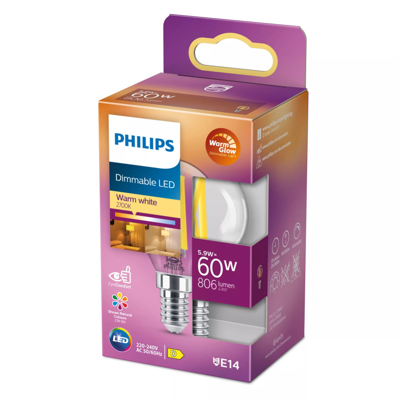 Philips LED Classic WarmGlow lemputė 60W E14, lašo formos, skaidri, reguliuojamo ryškumo
