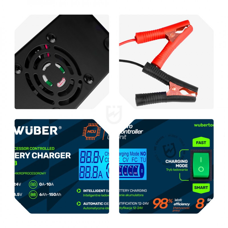 Wuber W14018 mikroprocesorinis automobilio akumuliatoriaus įkroviklis, 10 A, 6-150 Ah, 2-24 V