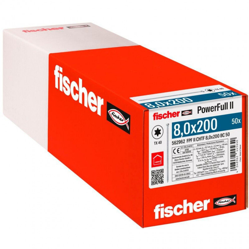 Fischer medinių konstrukcijų varžtas PowerFull II 8.0x200 ZK TX VG (50 vnt., pilnas sriegis, cinkuotas)