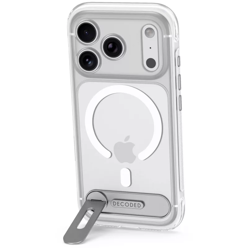 Decoded AntiMicrobial Hybrid Stand Backcover – dėklas su stovu, skirtas iPhone 18 Pro / 17 Pro, suderinamas su MagSafe (permatomas)