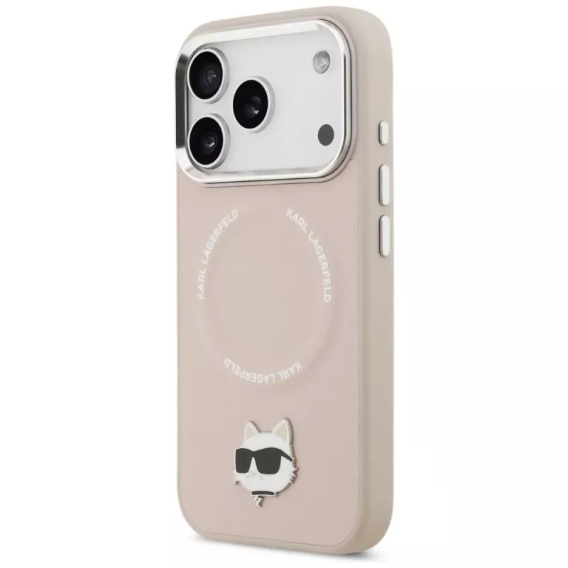 Karl Lagerfeld Choupette Pin MagSafe dėklas iPhone 17 Pro, rožinis
