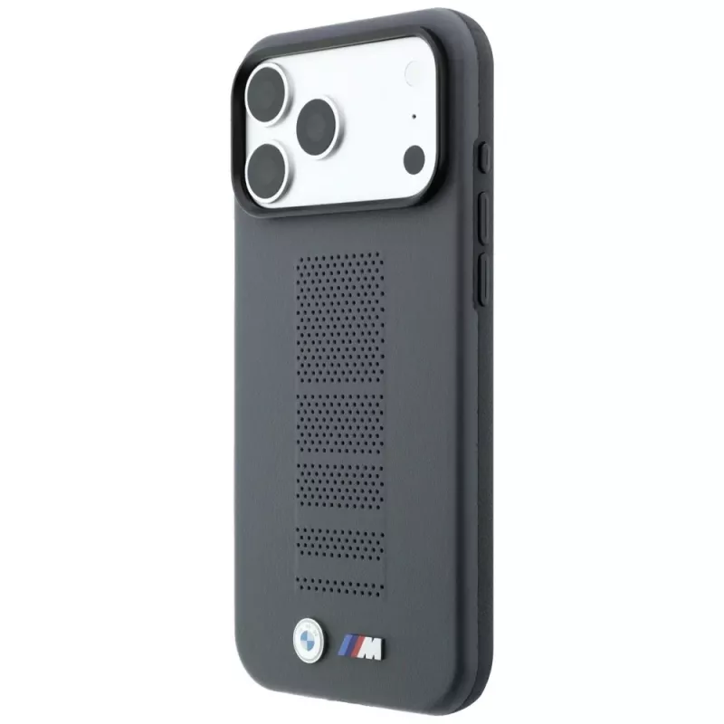 BMW M Blue Perfo Metal Logo MagSafe dėklas, skirtas iPhone 18 Pro / 17 Pro, pilkas