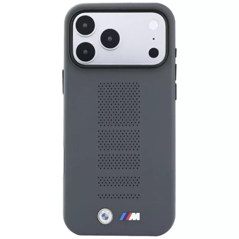 BMW M Blue Perfo Metal Logo MagSafe dėklas, skirtas iPhone 18 Pro / 17 Pro, pilkas