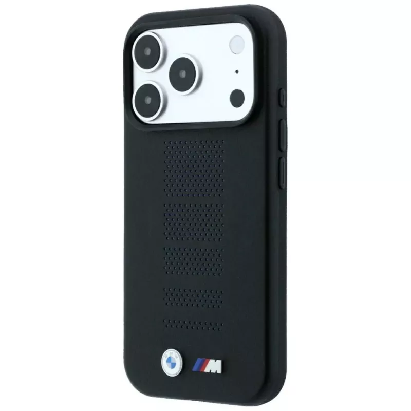 BMW M Blue Perfo Metal Logo MagSafe dėklas, skirtas iPhone 18 Pro Max / 17 Pro Max, juodas