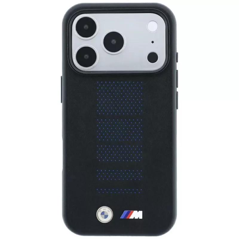 BMW M Blue Perfo Metal Logo MagSafe dėklas, skirtas iPhone 18 Pro Max / 17 Pro Max, juodas