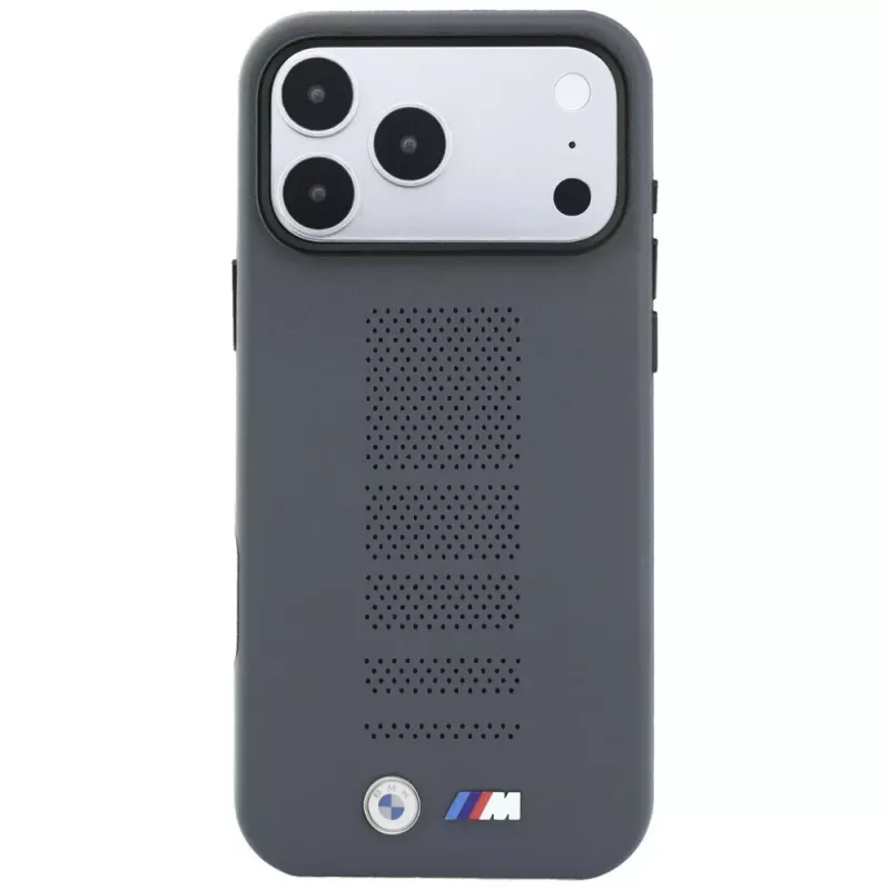 BMW M Blue Perfo Metal Logo MagSafe dėklas, skirtas iPhone 18 Pro Max / 17 Pro Max, pilkas