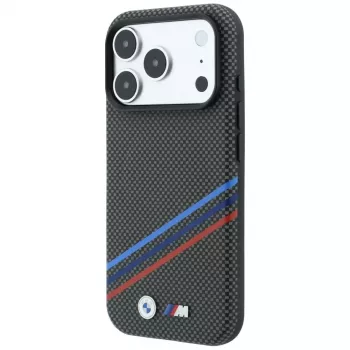 BMW M Quadrille Kevlar rašto trispalvės linijos ir metalinis logotipas MagSafe dėklas iPhone 18 Pro Max / 17 Pro Max, antracito