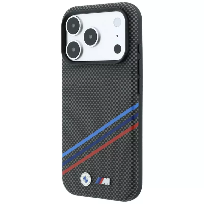 BMW M Quadrille Kevlar rašto trispalvės linijos ir metalinis logotipas MagSafe dėklas iPhone 18 Pro Max / 17 Pro Max, antracito