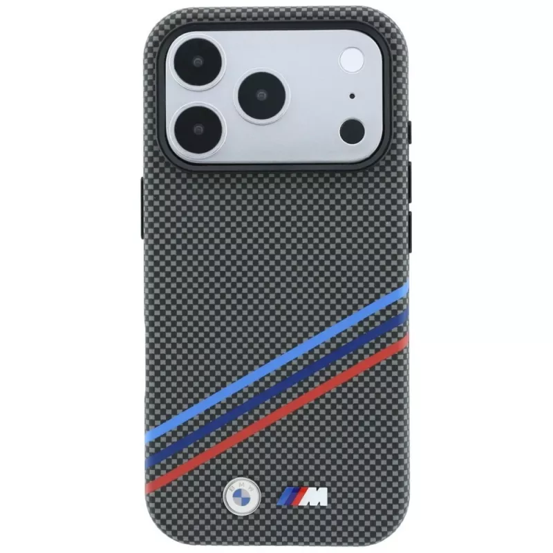BMW M Quadrille Kevlar rašto trispalvės linijos ir metalinis logotipas MagSafe dėklas iPhone 18 Pro Max / 17 Pro Max, antracito