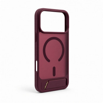 Evelatus gumuotu paviršiumi MagSafe dėklas su stovu, skirtas Apple iPhone 18 Pro Max, bordo spalvos