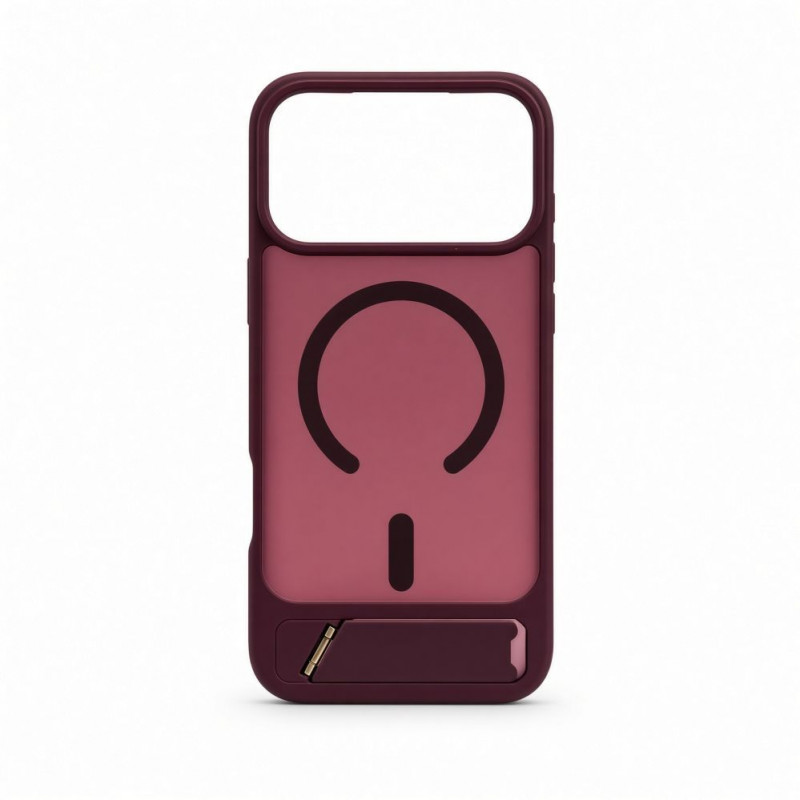 Evelatus gumuotu paviršiumi MagSafe dėklas su stovu, skirtas Apple iPhone 18 Pro Max, bordo spalvos