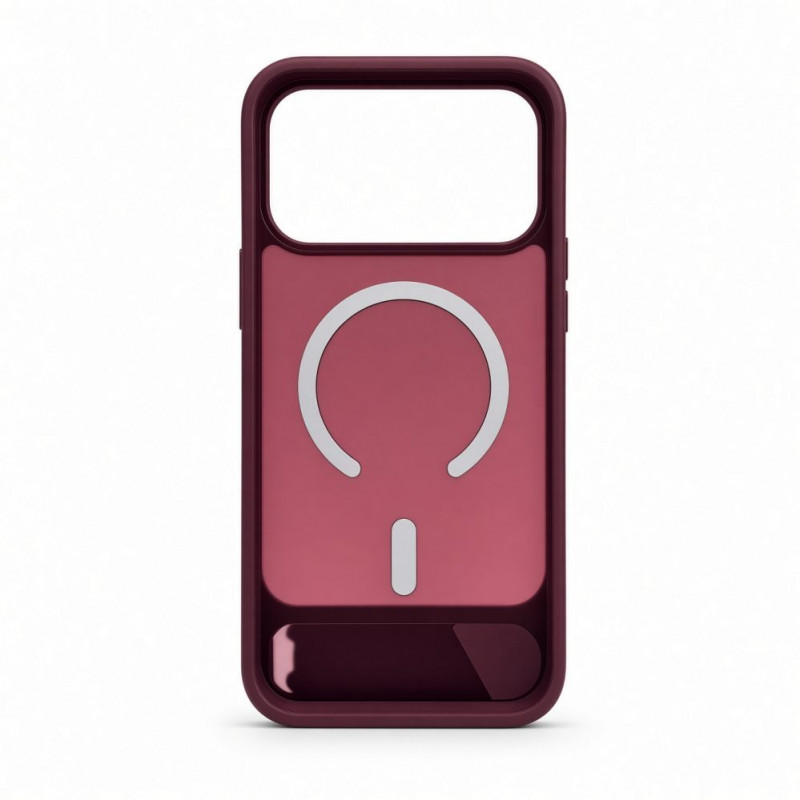 Evelatus gumuotu paviršiumi MagSafe dėklas su stovu, skirtas Apple iPhone 18 Pro Max, bordo spalvos