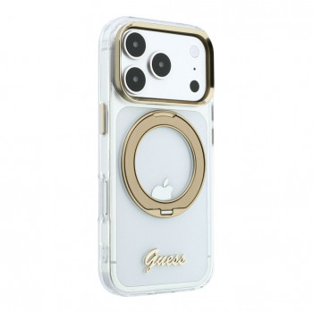 Guess HC MagSafe IML Ring Stand 360 Script Metal Logo dėklas Apple iPhone 18 Pro, permatomas
