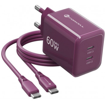 Forcell F-Energy GaN III VT-60 60W PD QC 4.0+ 2x USB-C bordinis sieninis įkroviklis + USB-C kabelis