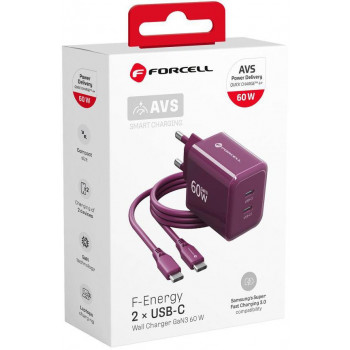 Forcell F-Energy GaN III VT-60 60W PD QC 4.0+ 2x USB-C bordinis sieninis įkroviklis + USB-C kabelis