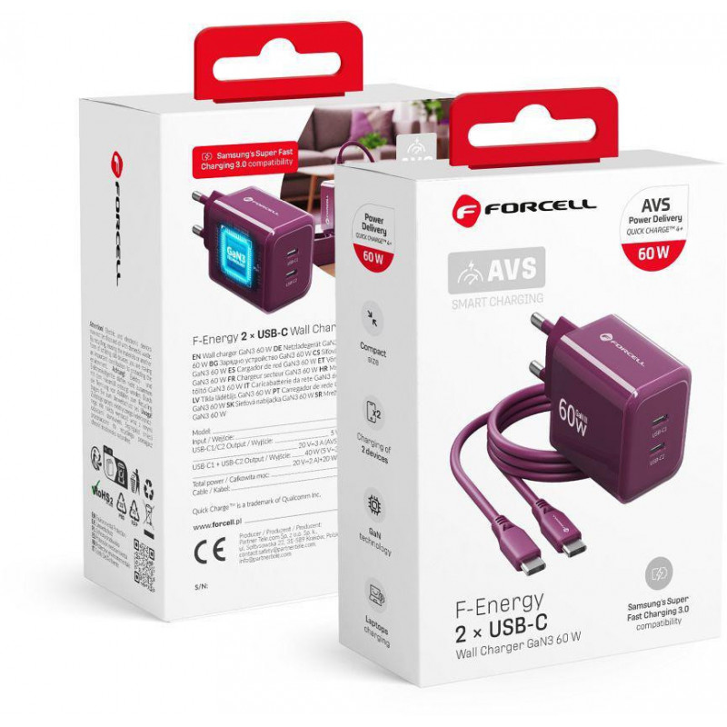 Forcell F-Energy GaN III VT-60 60W PD QC 4.0+ 2x USB-C bordinis sieninis įkroviklis + USB-C kabelis