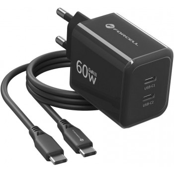Forcell F-Energy GaN III VT-60 60 W PD QC 4.0+ 2x USB-C juodas sieninis įkroviklis + USB-C kabelis