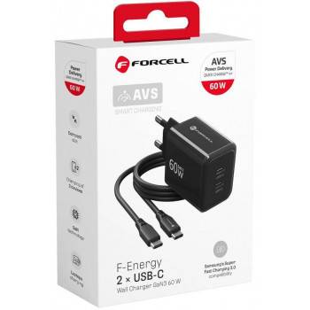 Forcell F-Energy GaN III VT-60 60 W PD QC 4.0+ 2x USB-C juodas sieninis įkroviklis + USB-C kabelis