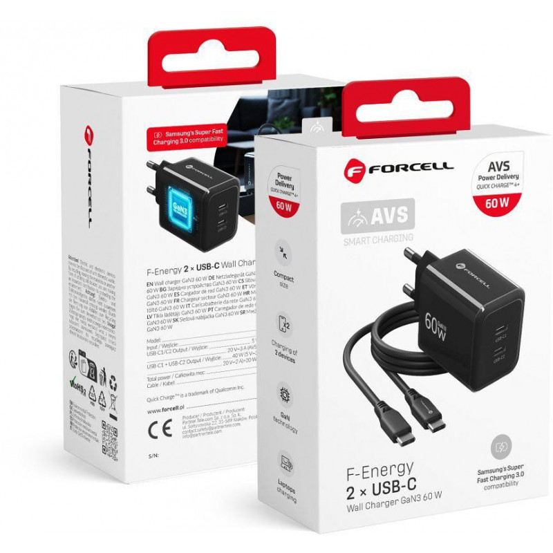 Forcell F-Energy GaN III VT-60 60 W PD QC 4.0+ 2x USB-C juodas sieninis įkroviklis + USB-C kabelis