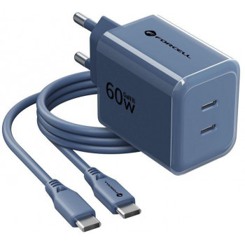 Forcell F-Energy GaN III VT-60 60 W PD QC 4.0+ sieninis įkroviklis su 2x USB-C, tamsiai mėlynas, + USB-C kabelis
