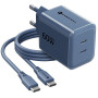 Forcell F-Energy GaN III VT-60 60 W PD QC 4.0+ sieninis įkroviklis su 2x USB-C, tamsiai mėlynas, + USB-C kabelis