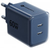 Forcell F-Energy GaN III VT-60 60 W PD QC 4.0+ sieninis įkroviklis su 2x USB-C, tamsiai mėlynas, + USB-C kabelis