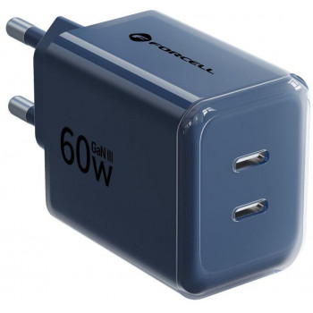 Forcell F-Energy GaN III VT-60 60 W PD QC 4.0+ sieninis įkroviklis su 2x USB-C, tamsiai mėlynas, + USB-C kabelis