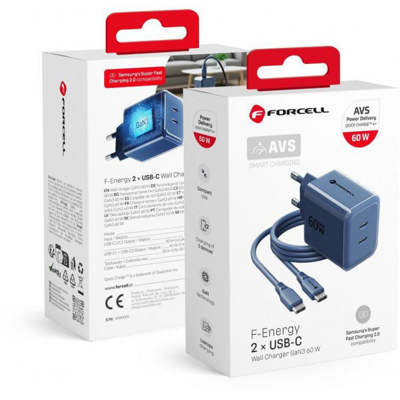 Forcell F-Energy GaN III VT-60 60 W PD QC 4.0+ sieninis įkroviklis su 2x USB-C, tamsiai mėlynas, + USB-C kabelis