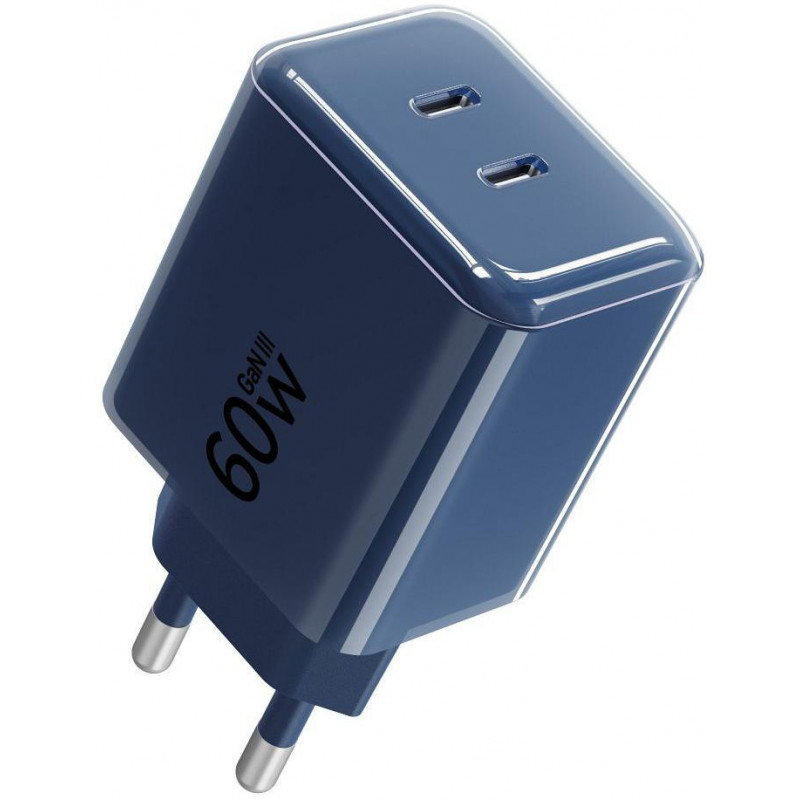 Forcell F-Energy GaN III VT-60 60 W PD QC 4.0+ sieninis įkroviklis su 2x USB-C, tamsiai mėlynas, + USB-C kabelis