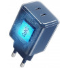 Forcell F-Energy GaN III VT-60 60 W PD QC 4.0+ sieninis įkroviklis su 2x USB-C, tamsiai mėlynas, + USB-C kabelis