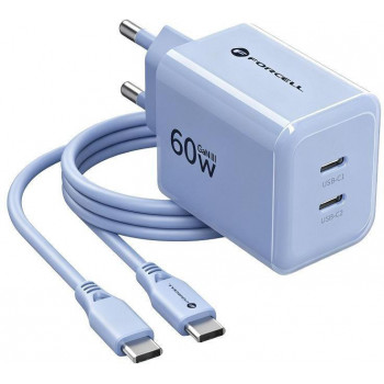Forcell F-Energy GaN III VT-60 60W PD QC 4.0+ 2x USB-C sieninis įkroviklis mėlynas + USB-C kabelis