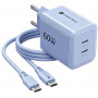 Forcell F-Energy GaN III VT-60 60W PD QC 4.0+ 2x USB-C sieninis įkroviklis mėlynas + USB-C kabelis