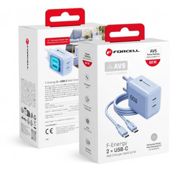 Forcell F-Energy GaN III VT-60 60W PD QC 4.0+ 2x USB-C sieninis įkroviklis mėlynas + USB-C kabelis