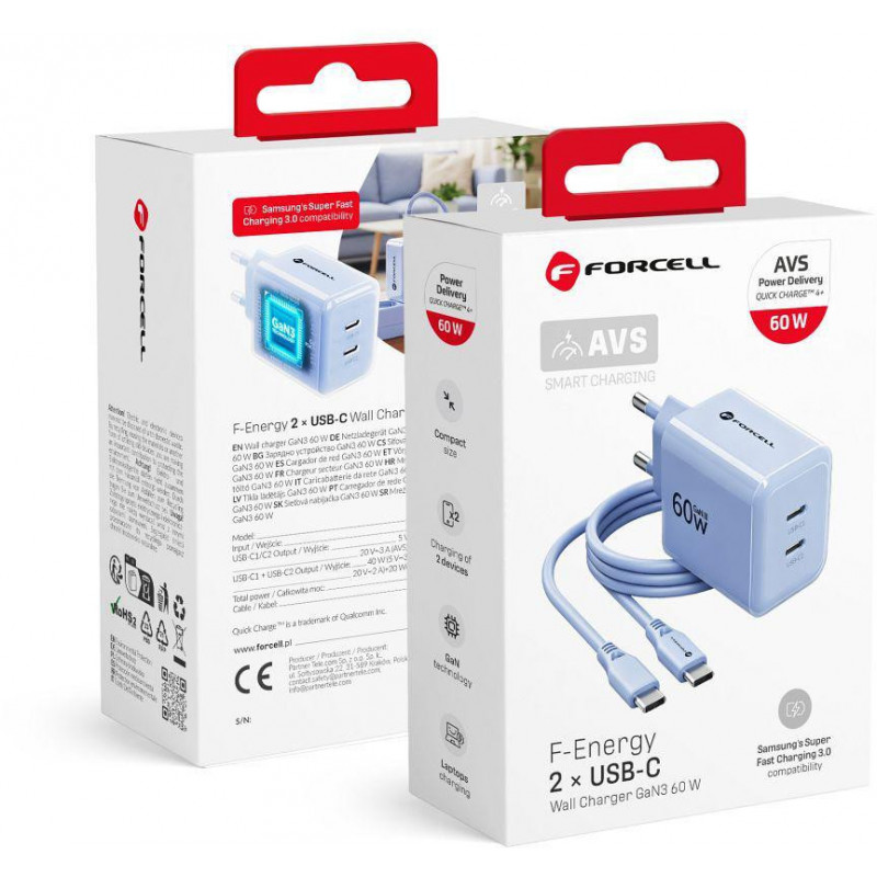 Forcell F-Energy GaN III VT-60 60W PD QC 4.0+ 2x USB-C sieninis įkroviklis mėlynas + USB-C kabelis
