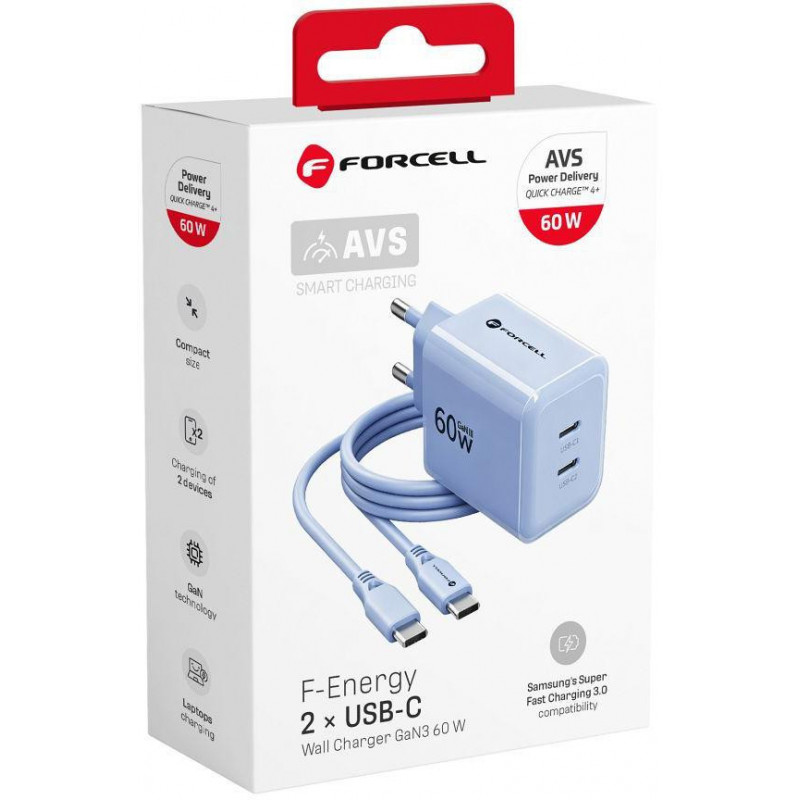 Forcell F-Energy GaN III VT-60 60W PD QC 4.0+ 2x USB-C sieninis įkroviklis mėlynas + USB-C kabelis