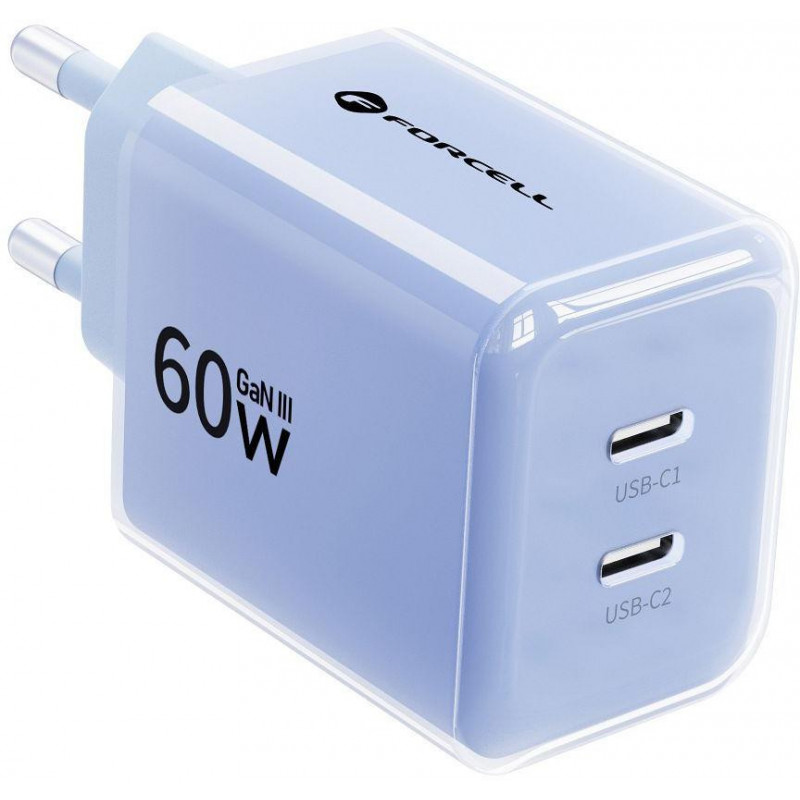 Forcell F-Energy GaN III VT-60 60W PD QC 4.0+ 2x USB-C sieninis įkroviklis mėlynas + USB-C kabelis