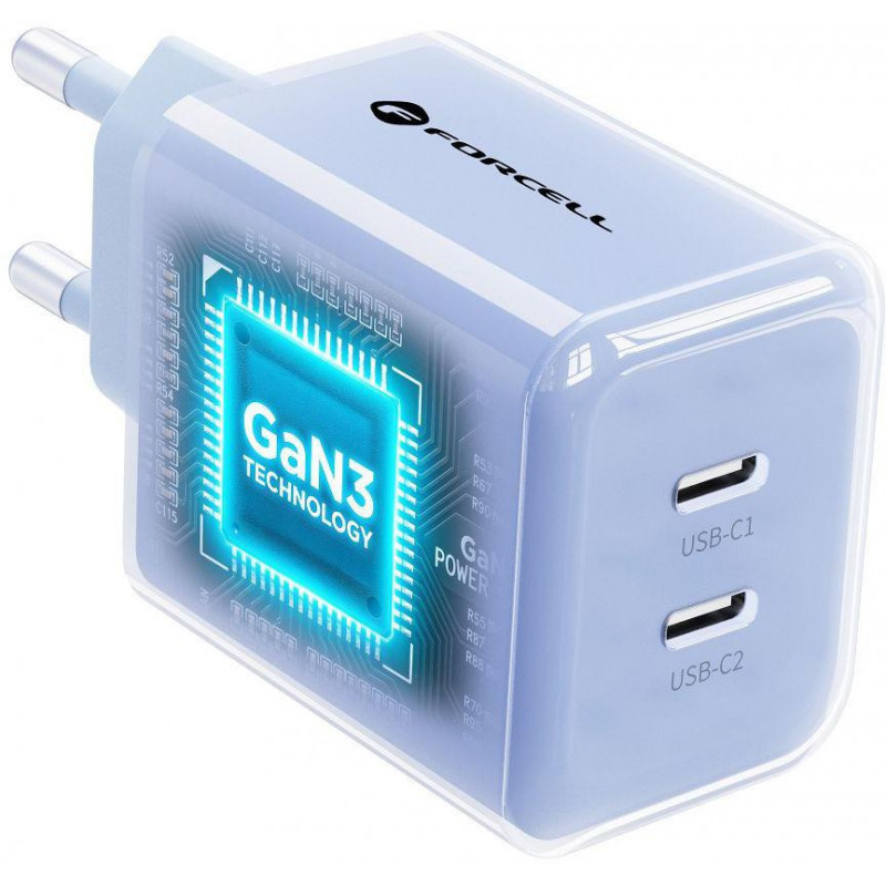 Forcell F-Energy GaN III VT-60 60W PD QC 4.0+ 2x USB-C sieninis įkroviklis mėlynas + USB-C kabelis