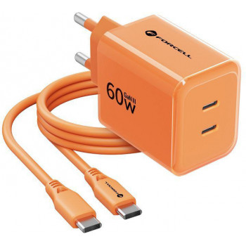 Forcell F-Energy GaN III VT-60 60 W PD QC 4.0+ sieninis įkroviklis su 2x USB-C, oranžinis + USB-C kabelis