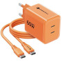 Forcell F-Energy GaN III VT-60 60 W PD QC 4.0+ sieninis įkroviklis su 2x USB-C, oranžinis + USB-C kabelis