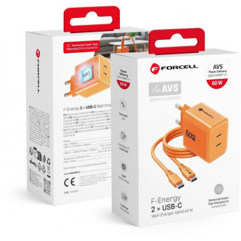 Forcell F-Energy GaN III VT-60 60 W PD QC 4.0+ sieninis įkroviklis su 2x USB-C, oranžinis + USB-C kabelis