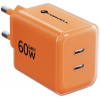 Forcell F-Energy GaN III VT-60 60 W PD QC 4.0+ sieninis įkroviklis su 2x USB-C, oranžinis + USB-C kabelis