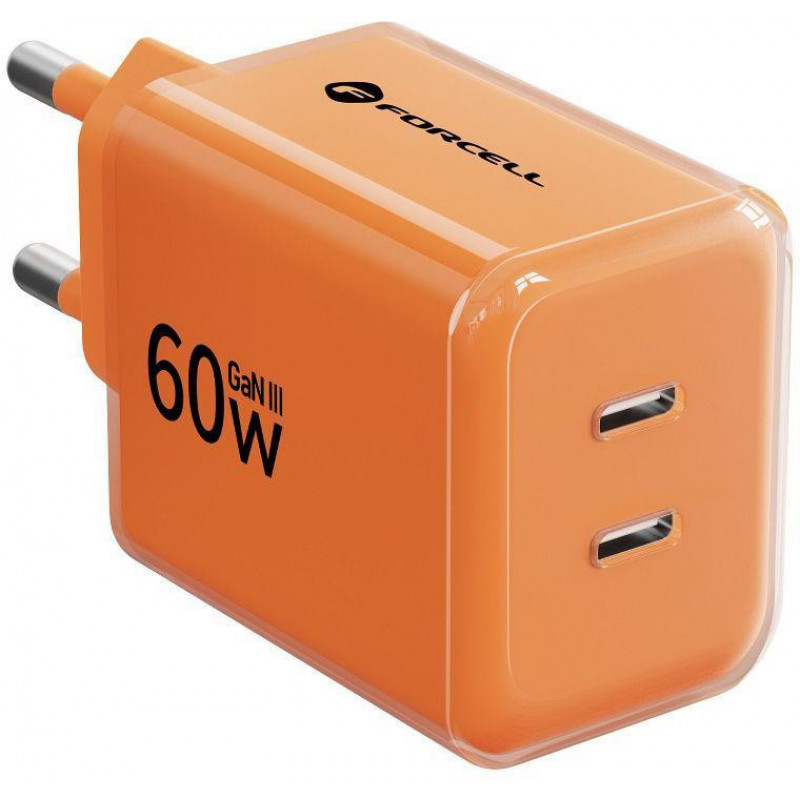 Forcell F-Energy GaN III VT-60 60 W PD QC 4.0+ sieninis įkroviklis su 2x USB-C, oranžinis + USB-C kabelis