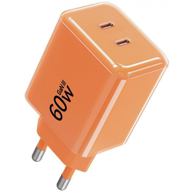 Forcell F-Energy GaN III VT-60 60 W PD QC 4.0+ sieninis įkroviklis su 2x USB-C, oranžinis + USB-C kabelis