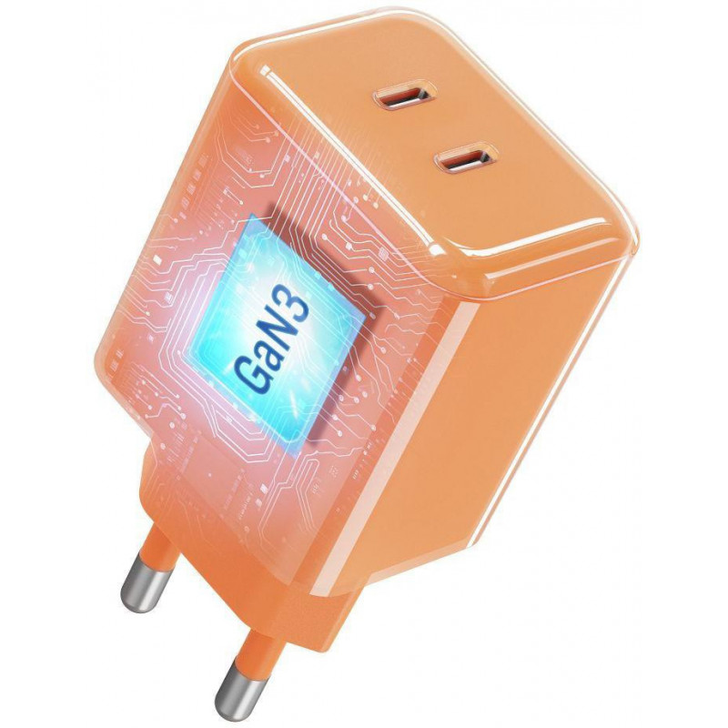 Forcell F-Energy GaN III VT-60 60 W PD QC 4.0+ sieninis įkroviklis su 2x USB-C, oranžinis + USB-C kabelis