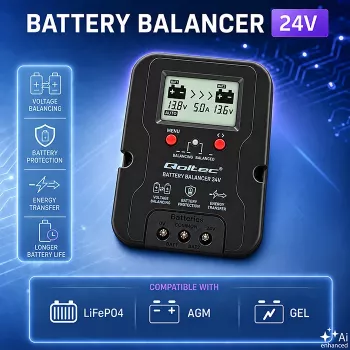 Qoltec įtampos balansuoklis 24V, skirtas 2 x 12V akumuliatoriams | 5A | AGM GEL LiFePO4 | LCD