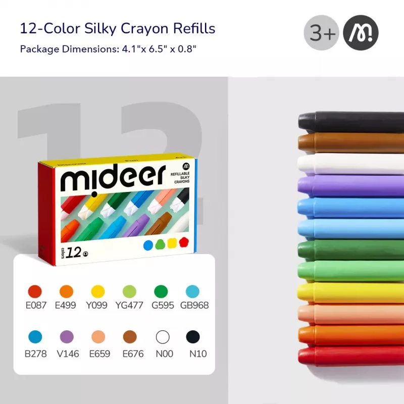 Mideer Silky Crayons minkštų, nuplaunamų kreidelių papildymai, 12 vnt.
