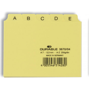 Durable A-Z registro indeksas A7 kortelių dėžutėms, reljefinis PP, geltonas